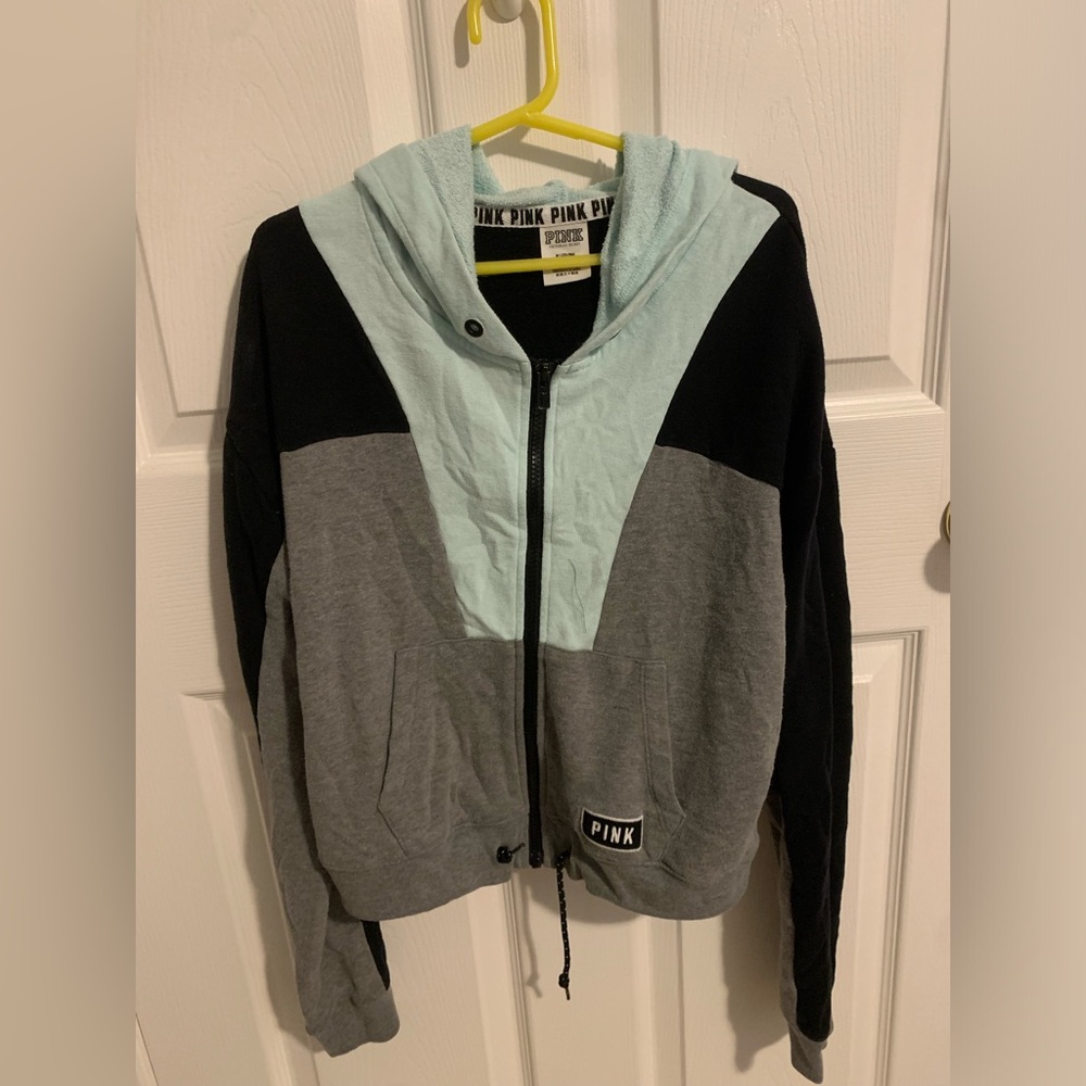 Size medium, Light blue, grey and black cropped sweatshirt from pink.